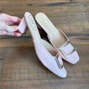 Designer Dupe slip on mules kitten heel square toe light pink patent leather 7.5